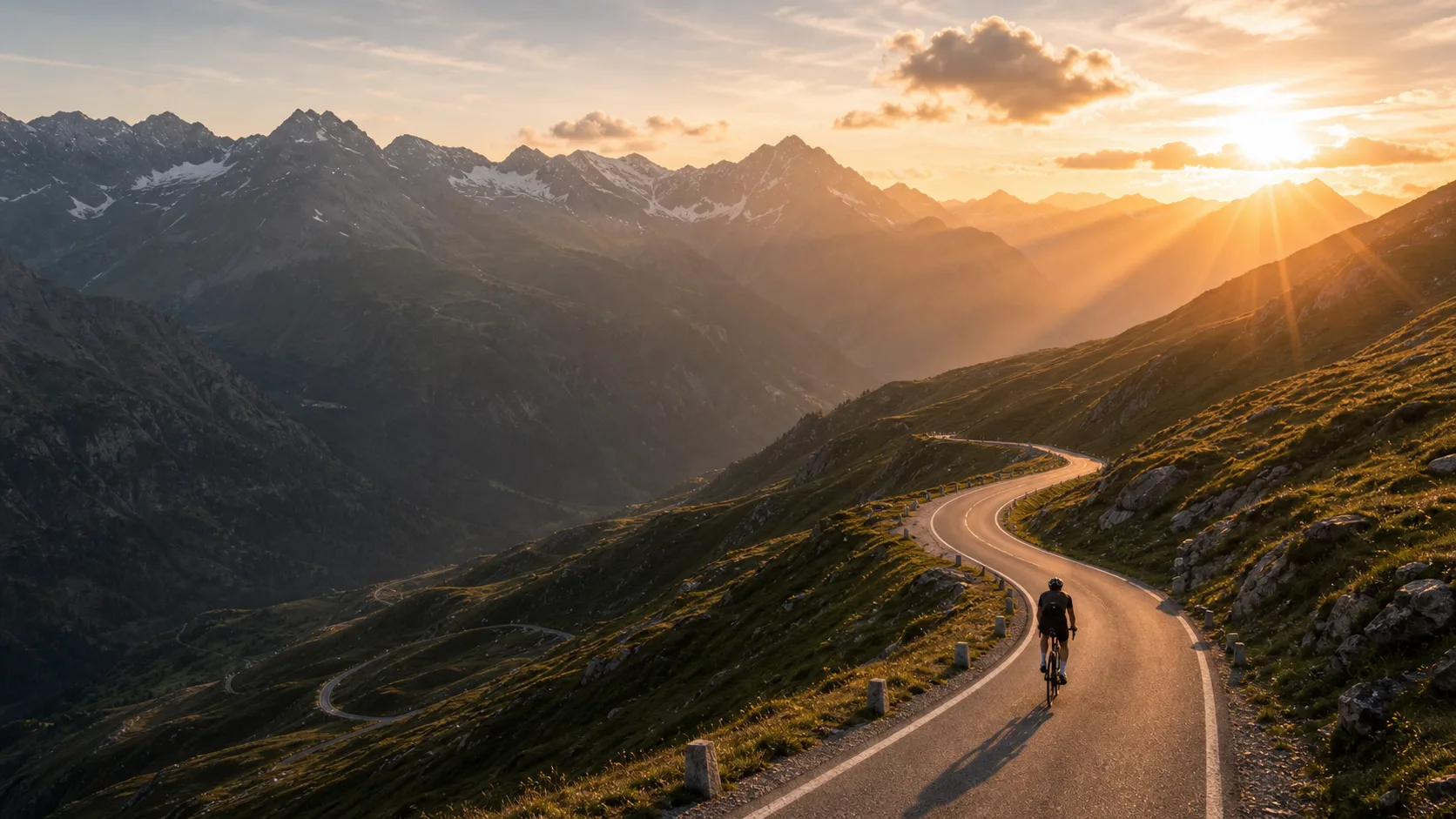 Cyclist riding into an alpine sunset